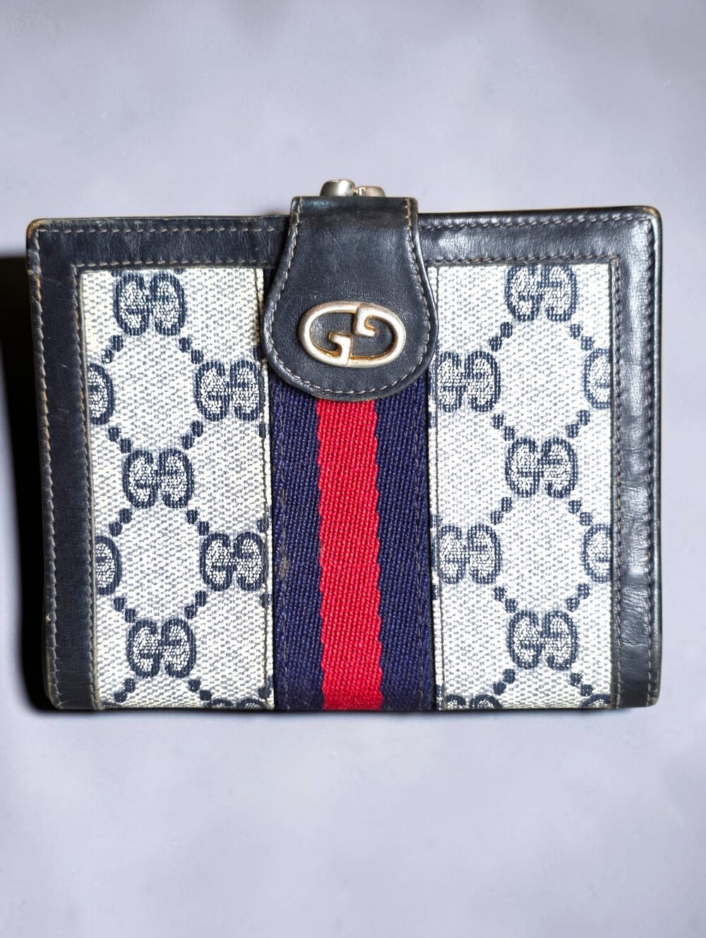 Gucci Blue & Red Web GG Canvas Bifold Wallet with Black Leather Trim